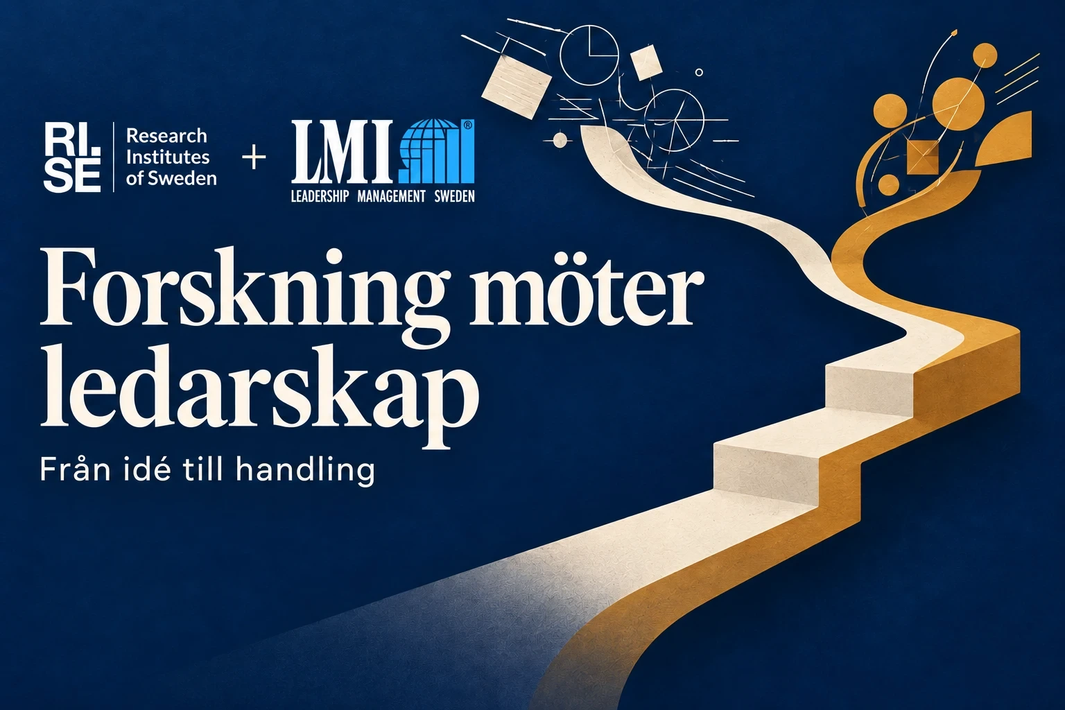 Illustration: logotyperna för RISE och LMI Sweden ovanför texten Forskning möter ledarskap, Från idé till handling, med en trappa i guld och beige som leder uppåt
